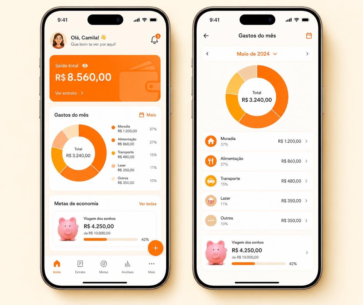 Telas do app Porqui Pay mostrando saldo, gastos por categoria e metas de economia